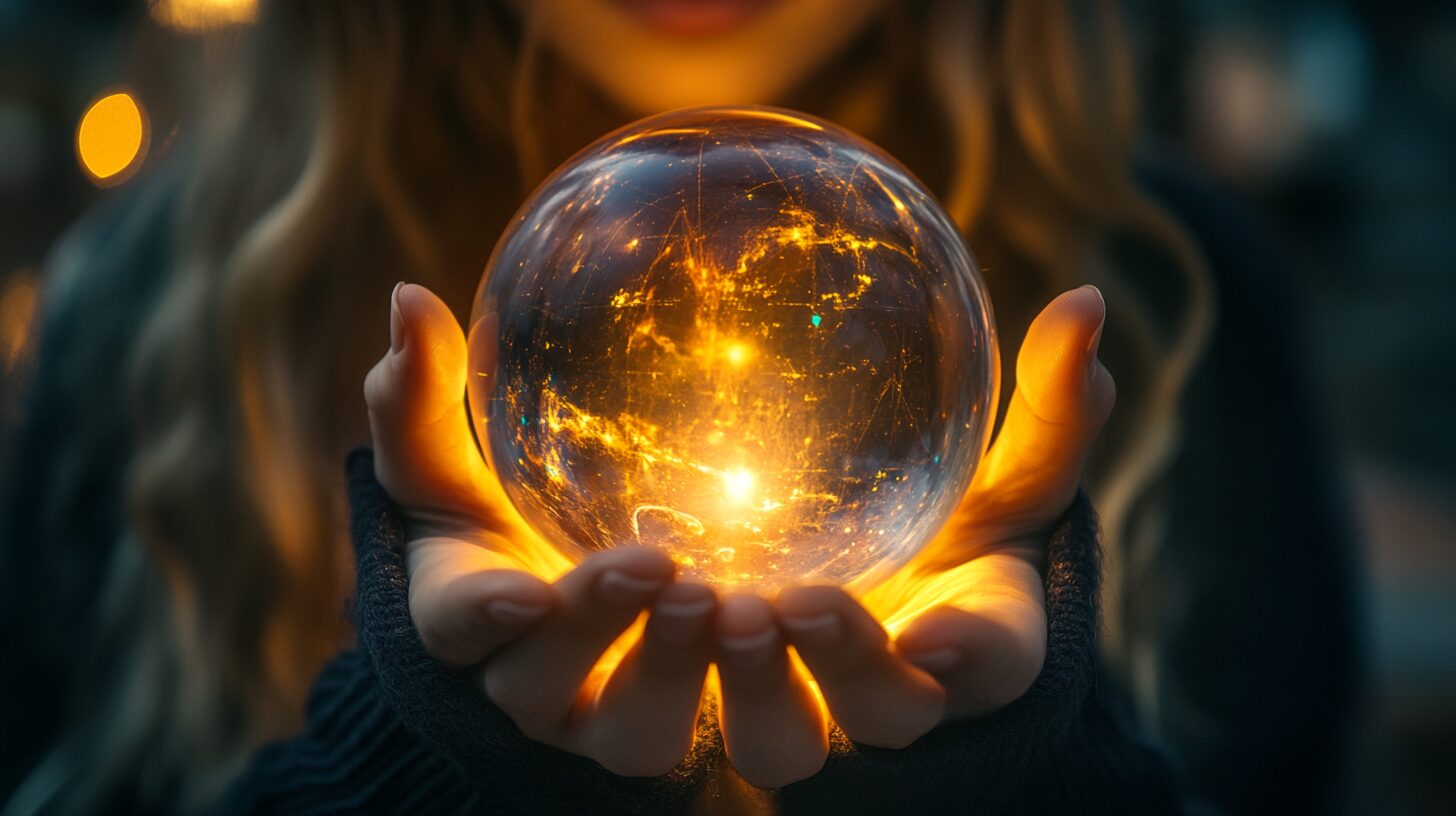 A person holds a glowing crystal ball, emitting light and creating an ethereal atmosphere.