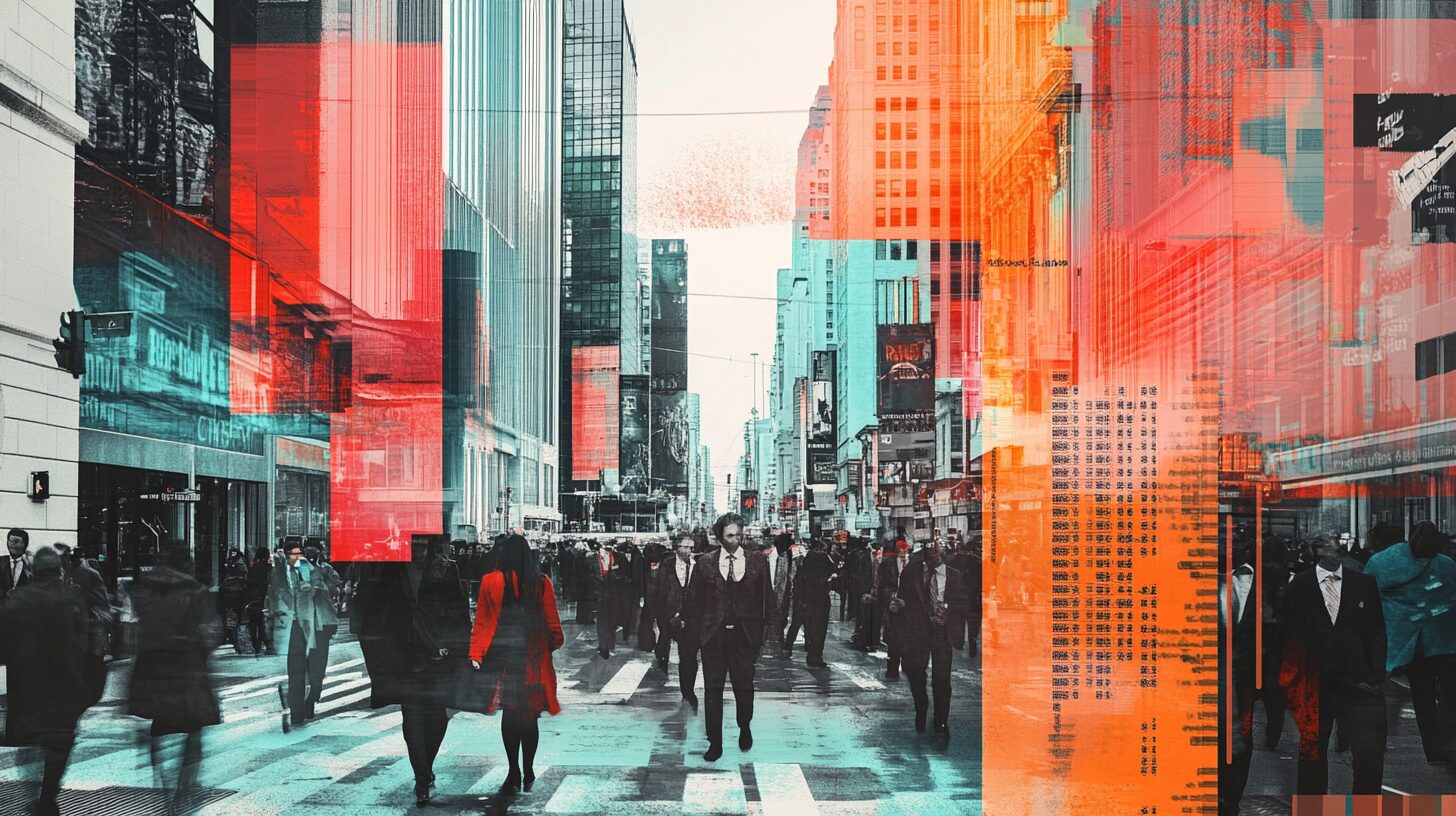 A busy city street scene with people walking in different directions. Tall buildings line the background, while abstract red and blue digital overlays add a modern, artistic effect to the image.