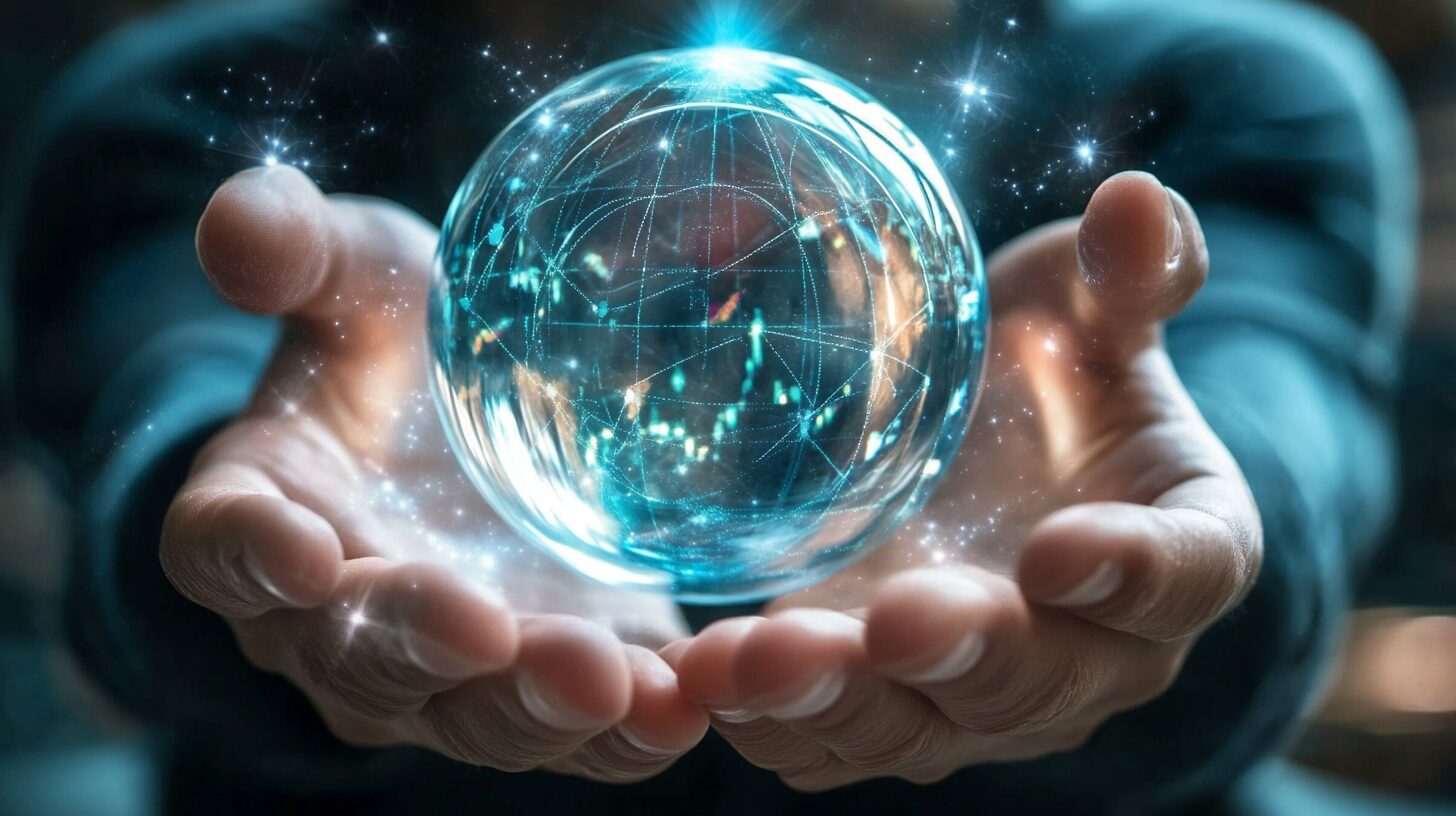 A person holds a glowing, transparent sphere with intricate light patterns and digital data designs, representing futuristic or technological themes.