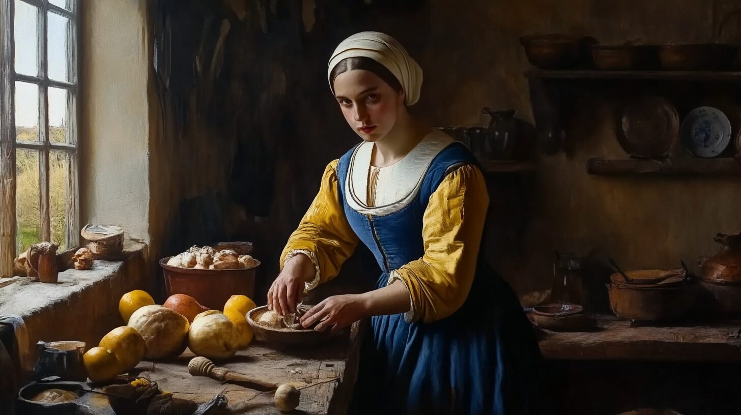 A woman in historical clothing prepares food by a window in a rustic kitchen with various fruits and utensils on the wooden table.