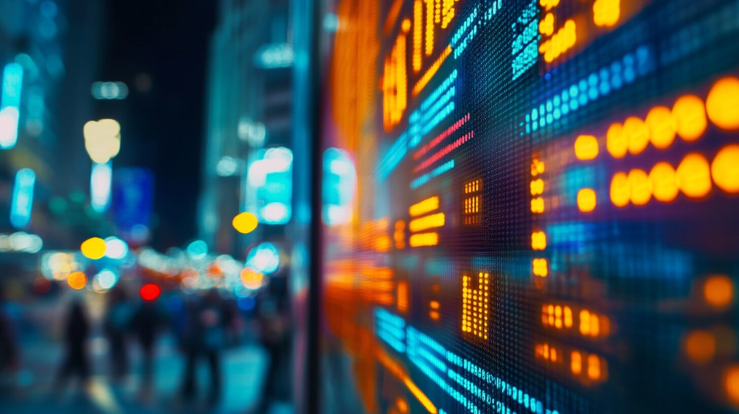 Close-up view of an electronic stock market display board showing numbers and graphs, with a blurred city street and pedestrians in the background.