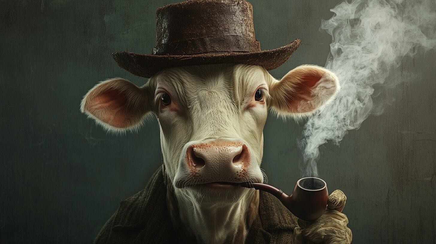 A cow wearing a hat and coat is holding a smoking pipe with a plume of smoke rising from it.