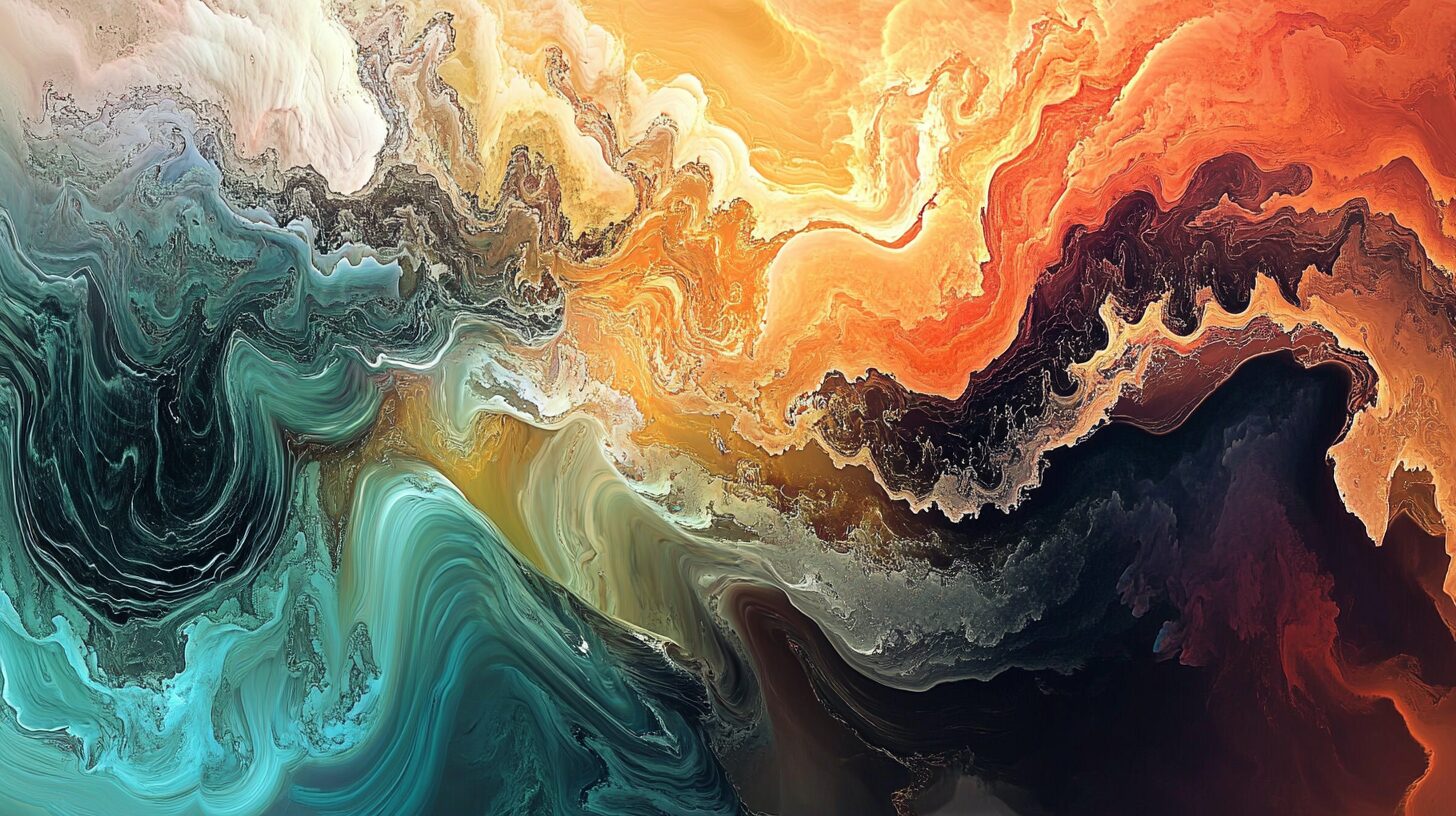 Abstract image featuring swirling patterns of blue, orange, yellow, and black, resembling fluid motion and blending seamlessly into one another.