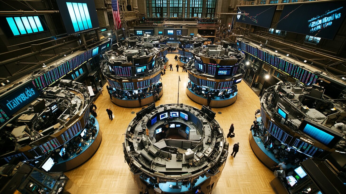 Wide-angle view of a bustling stock exchange floor with traders and multiple trading stations surrounded by digital screens displaying financial data.