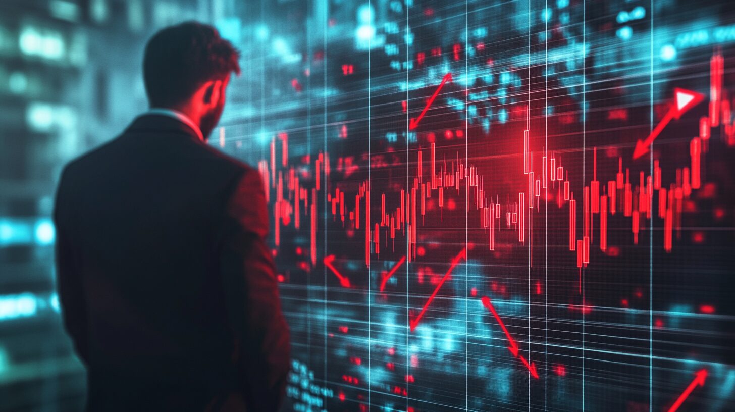 A person standing in front of a large digital screen displaying red financial graphs and stock market data.