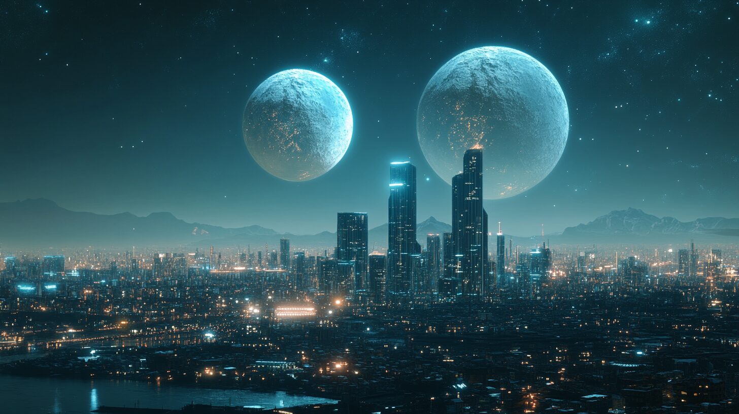 Futuristic city skyline at night with two large moons in the starry sky, tall skyscrapers illuminated, and distant mountains visible on the horizon.