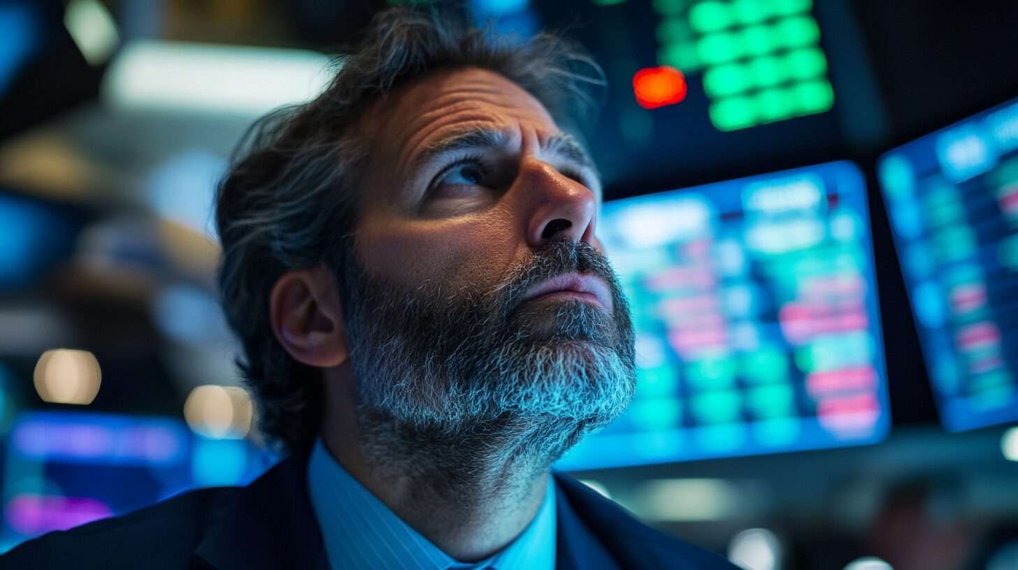 A man with a beard and suit looks up thoughtfully in front of multiple electronic screens displaying financial data in a dimly lit environment.