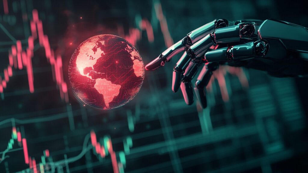 A robotic hand reaches toward a glowing red digital globe with data and graph lines in the background.