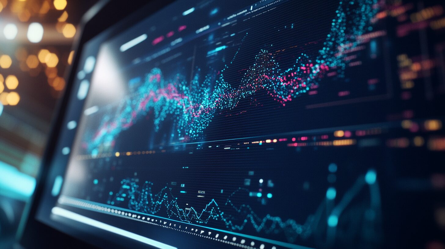 Close-up of a computer screen displaying complex financial data with various charts and graphs illuminated in blue and red.