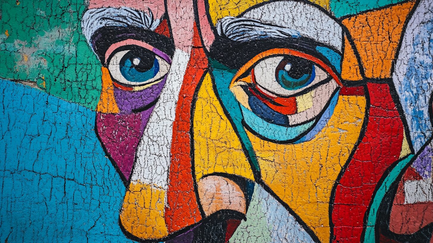 Colorful abstract mural of a face with intense eyes, painted in cubist style with cracked texture.