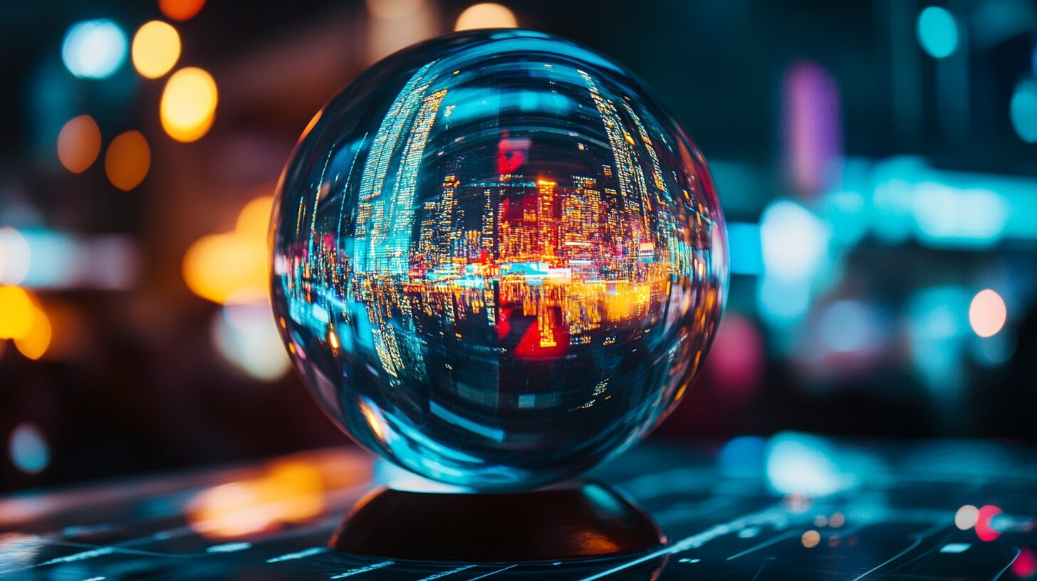 A glass sphere on a table reflects colorful, blurry city lights at night.