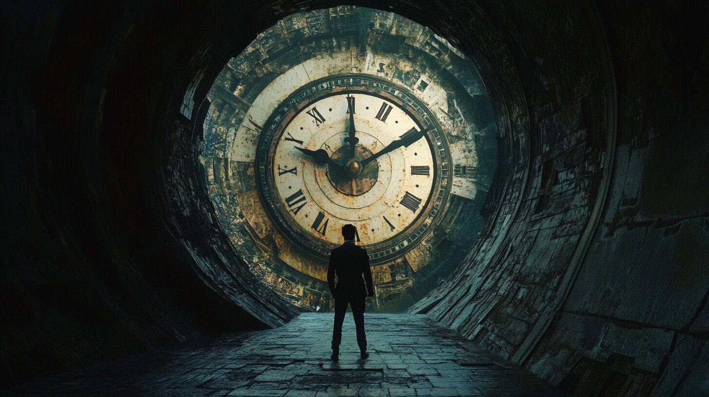 A person stands in a dimly lit tunnel, facing a large, ancient clock embedded in the far end wall. The clock shows a time of 10:10.