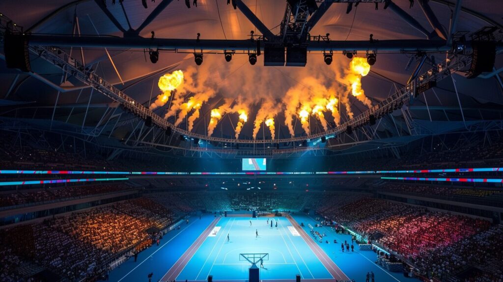 A tennis match takes place in a large, indoor stadium with a blue court, surrounded by a crowd. Flames burst from above the court, illuminating the venue. A big screen hangs in the center, almost reminiscent of scenes from events where one might ask: what sports are in the summer Olympics?