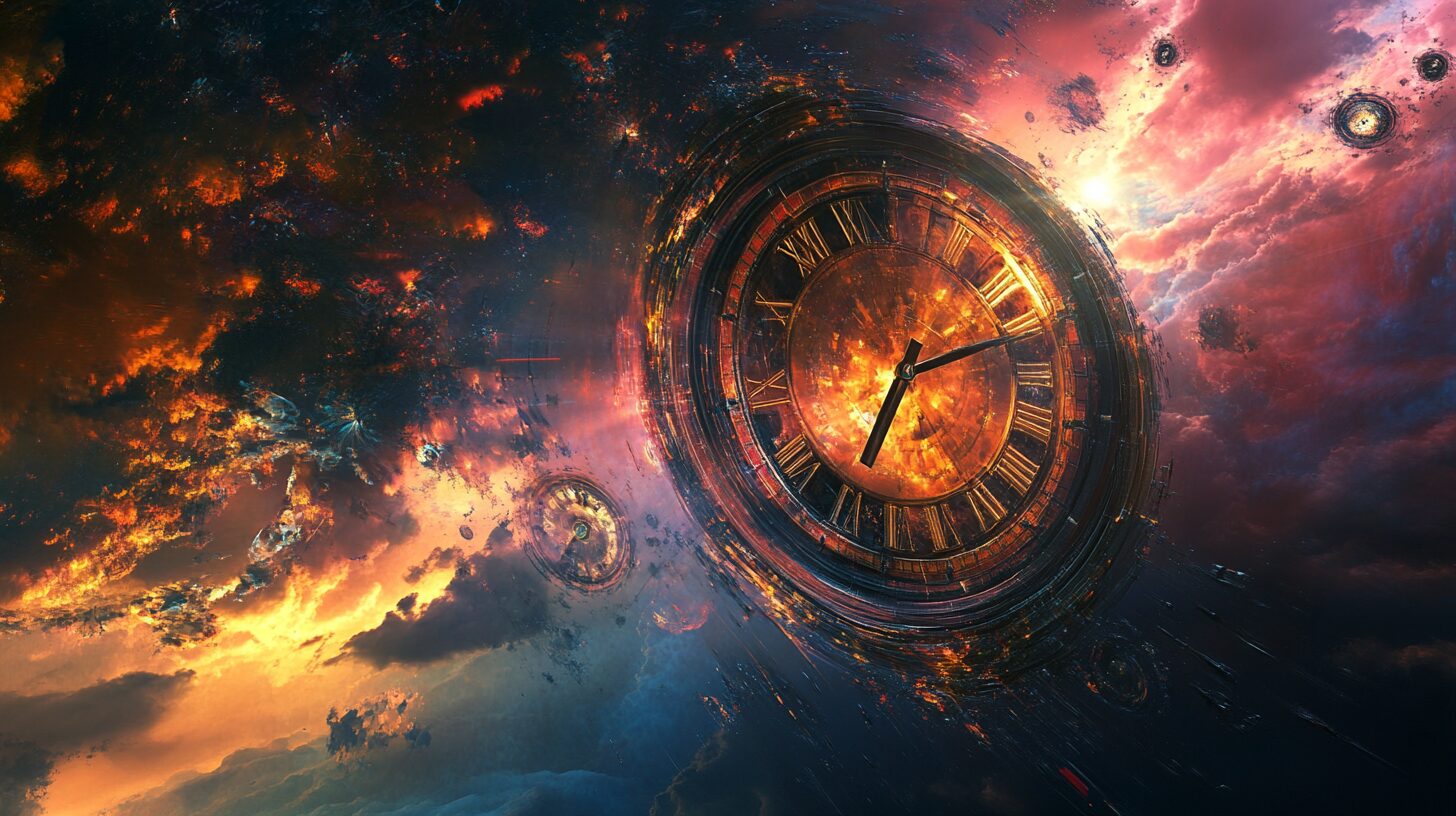 A large, elaborate clock face with Roman numerals is surrounded by a surreal, colorful cosmic backdrop featuring fiery clouds and nebulae.