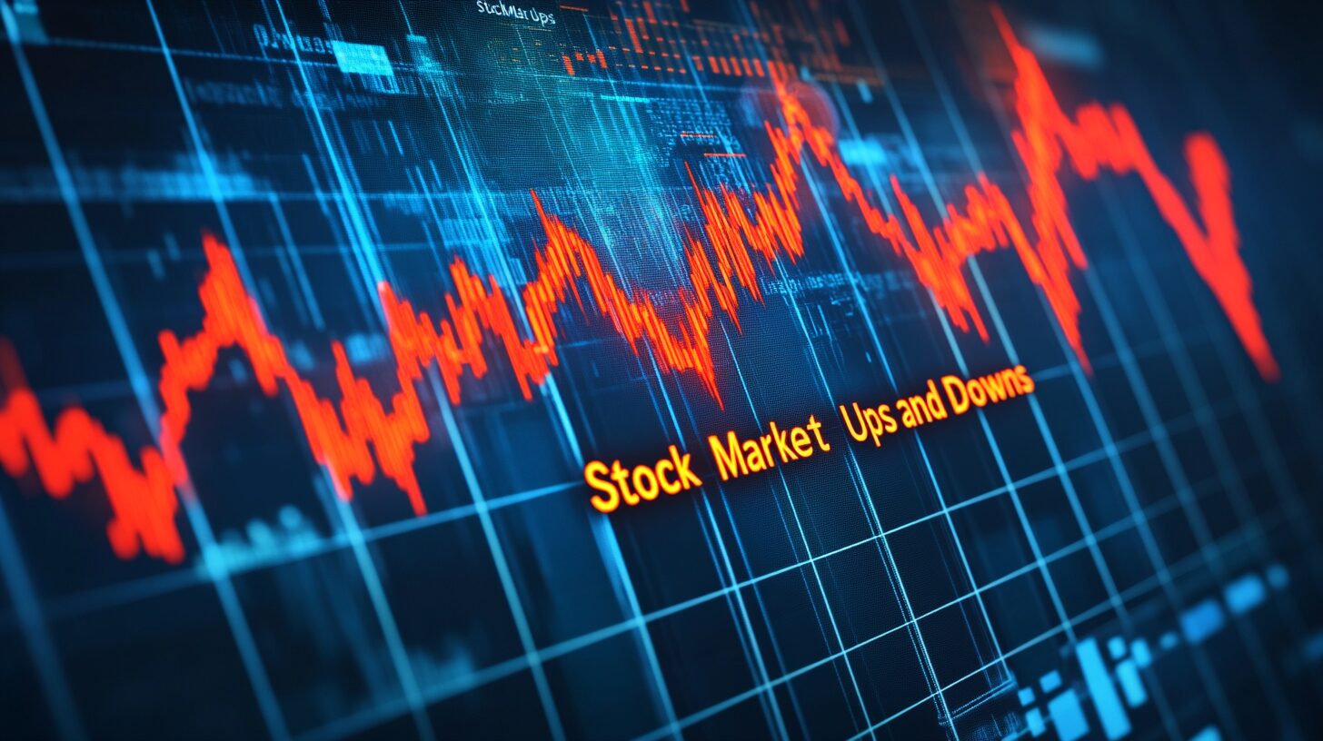 A graph showing fluctuating stock market prices with the words "Stock Market Ups and Downs" displayed in the center.