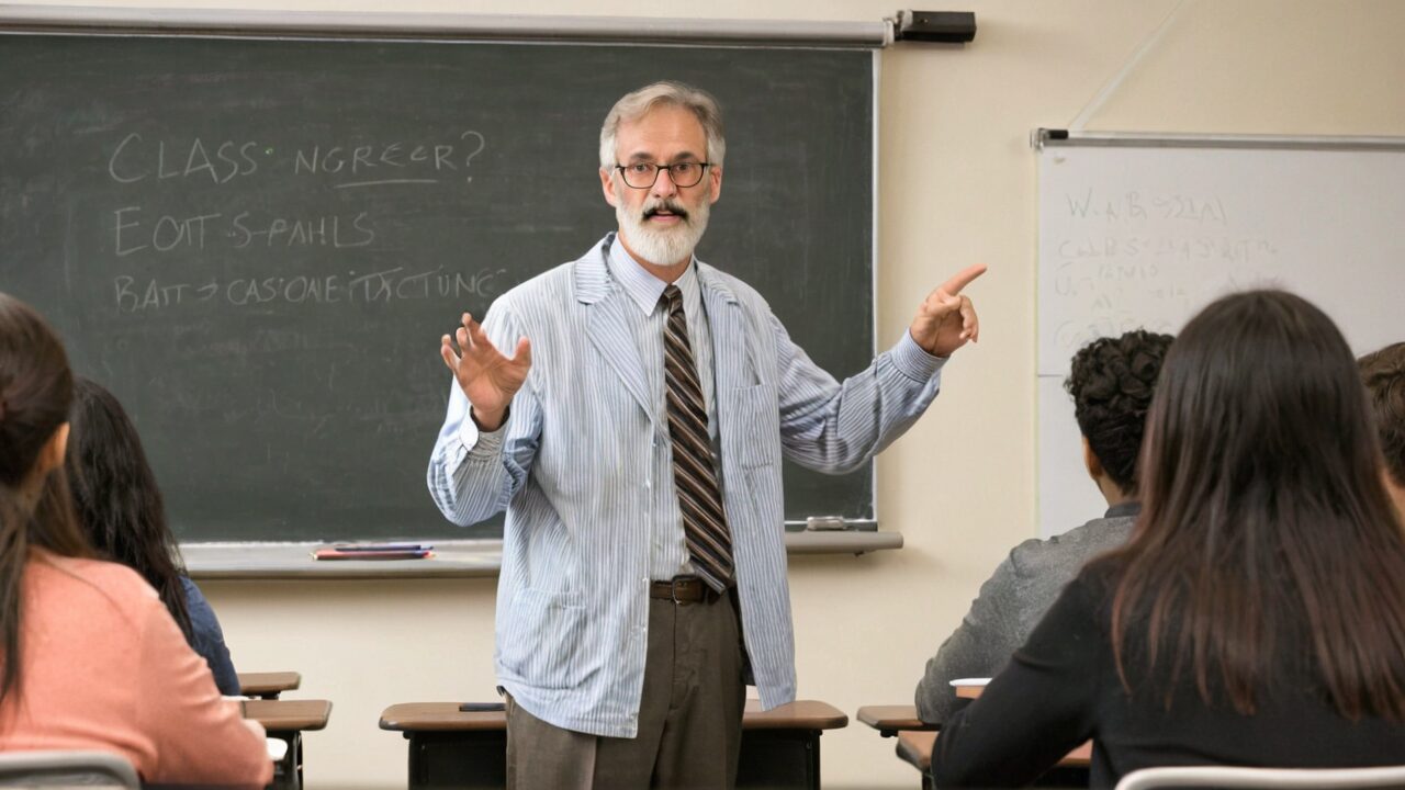 A teacher stands in front of a classroom with a blackboard behind him, pointing and speaking to students seated at desks.