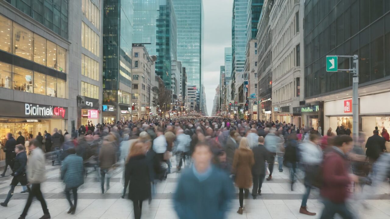 Busy city street with many pedestrians walking in both directions. There are tall buildings on either side, a variety of stores, and a cloudy sky.