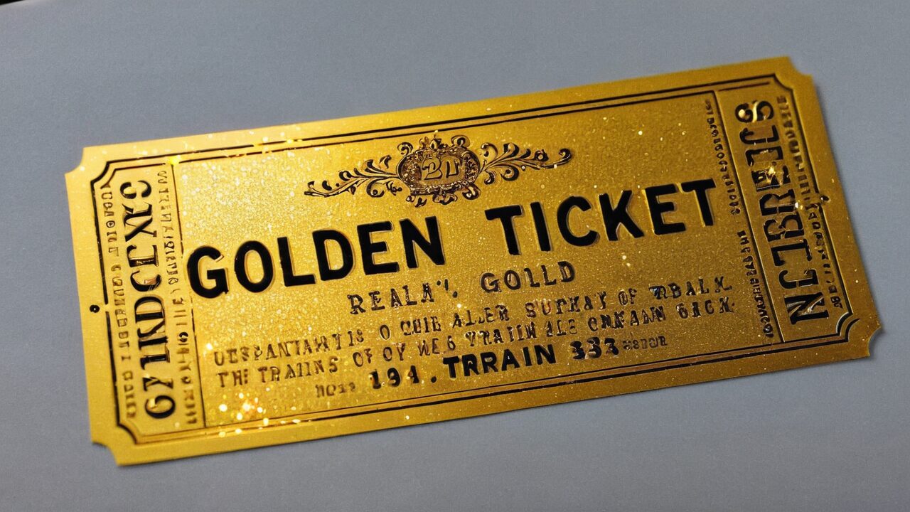 A golden ticket with ornate detailing and text that reads, "Golden Ticket" along with some additional decorative text and numbers. The ticket has a shiny, reflective surface.