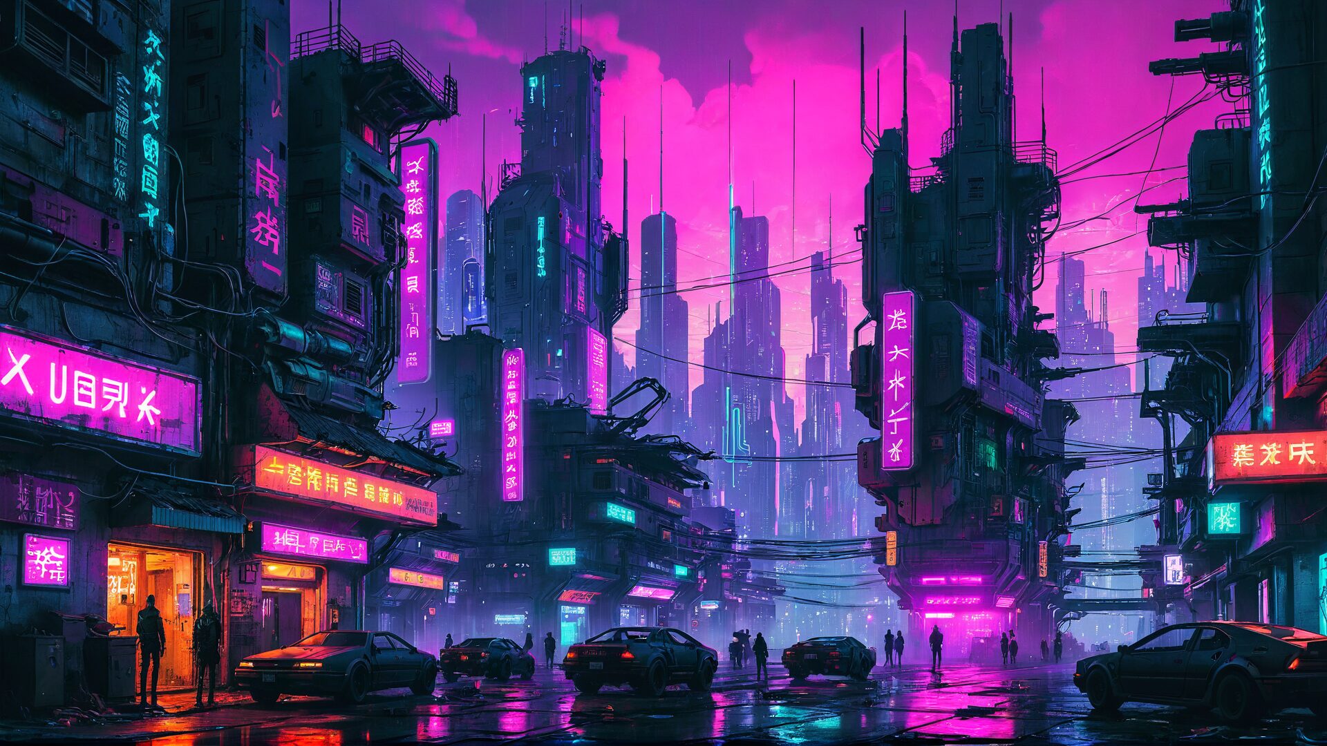 A neon-lit, futuristic cityscape with tall, cyberpunk-style buildings, glowing signs in various languages, numerous cables overhead, and cars and people on the wet streets at dusk.