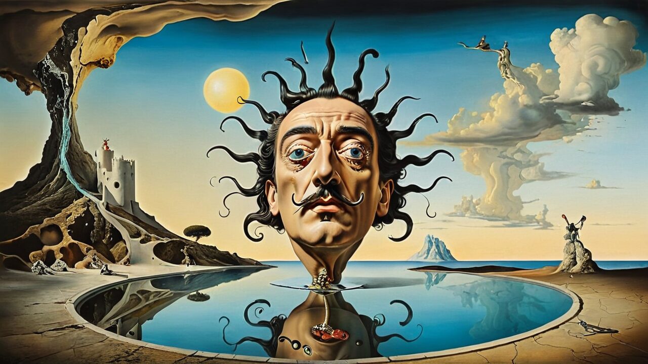 Surrealist artwork featuring a large floating head with tentacle-like hair above a reflective pool, surrounded by fantastical landscapes, a castle on a cliff, and ethereal human figures.