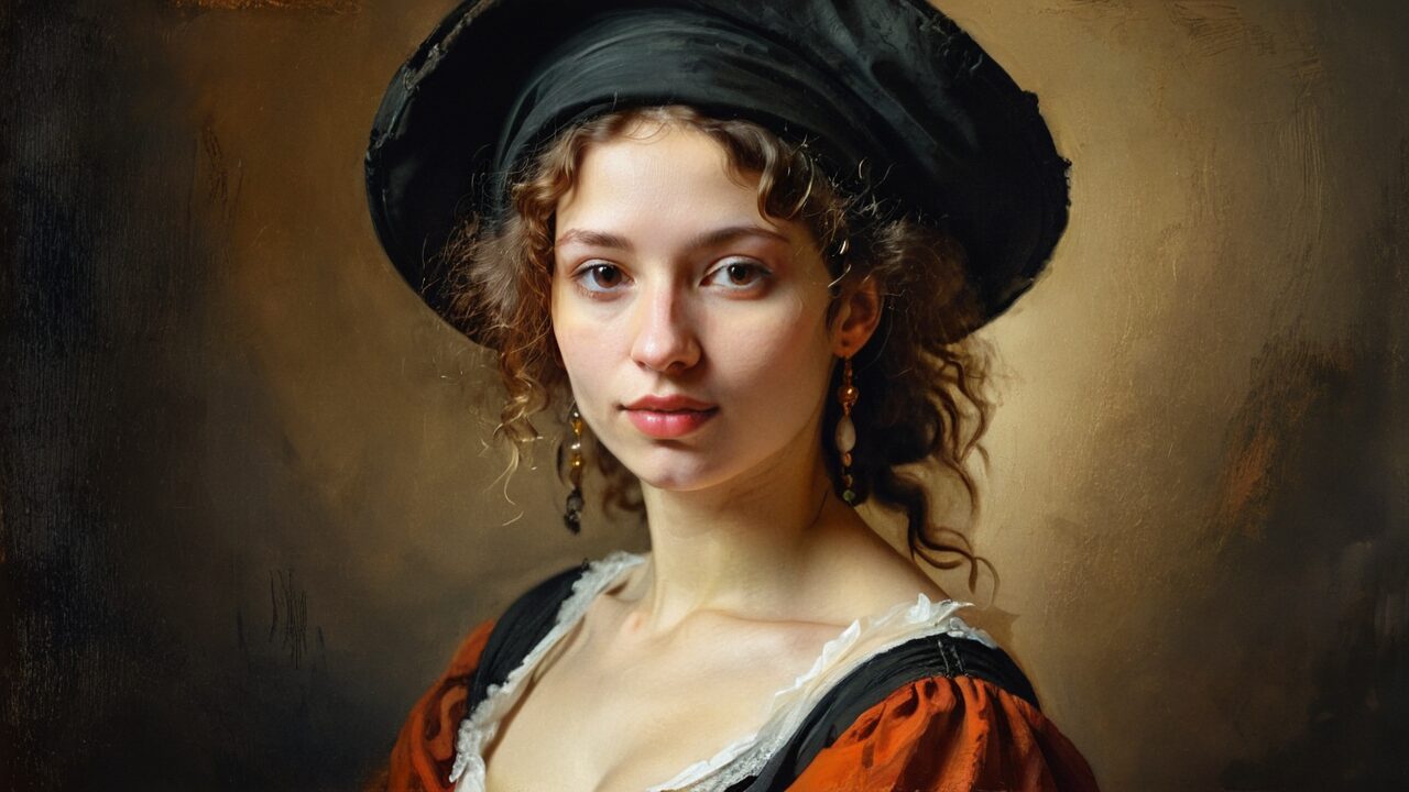 A woman with curly hair wearing a historical costume, including a black hat and earrings, looks directly at the viewer against a dark background.