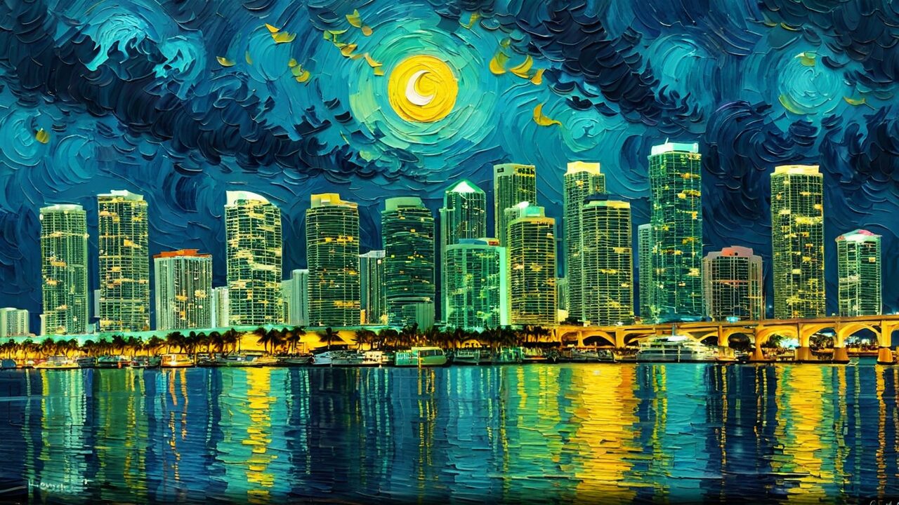 A vibrant city skyline at night is reflected in a body of water. The sky, painted in a Van Gogh-inspired style, features swirling patterns and a bright moon.