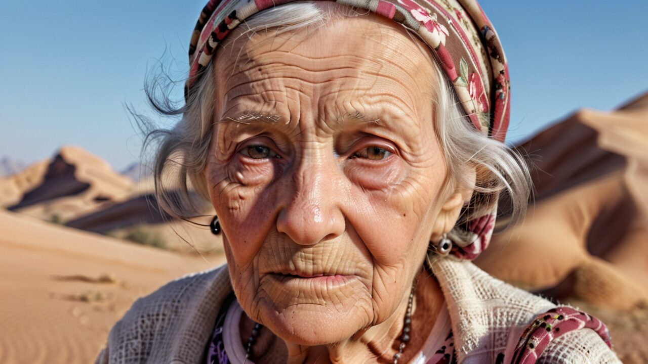 An elderly woman with a headscarf stands in a desert landscape, her face showing signs of deep wrinkles and expressions of contemplation. Sand dunes are visible in the background under a clear sky.