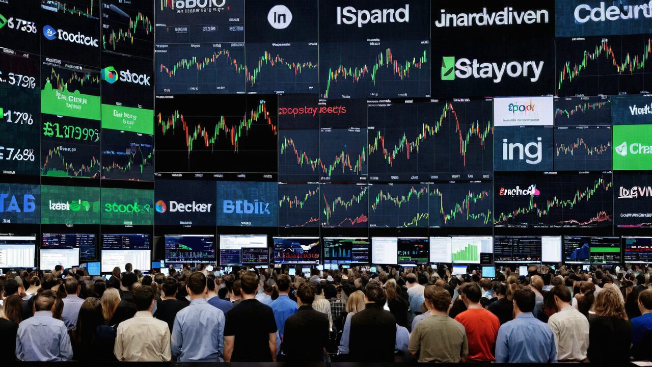 A large crowd of people in business attire facing a wall of screens displaying various stock market graphs, logos, and financial data.