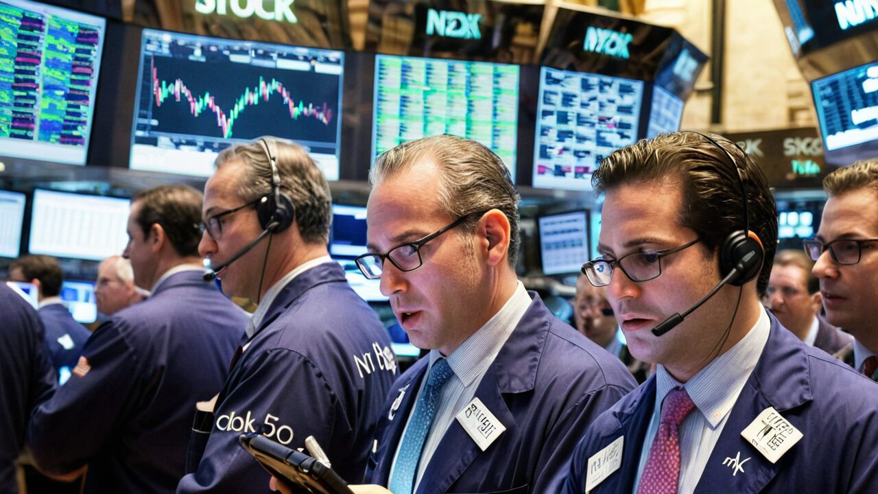 Traders in blue jackets work at the New York Stock Exchange, monitoring multiple screens displaying stock information and market data.