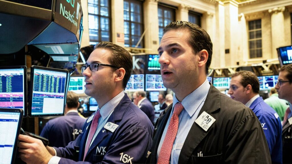 Two stock brokers in suits and ties are intently observing computer monitors on a bustling trading floor, surrounded by others.