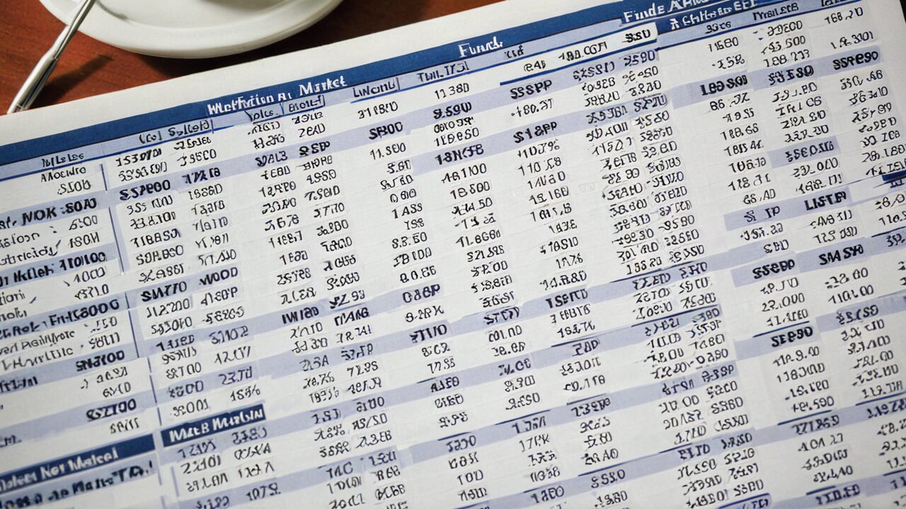 A close-up view of a financial newspaper or report displaying various stock market information, including stock symbols, latest prices, daily changes, volume, and other relevant data.