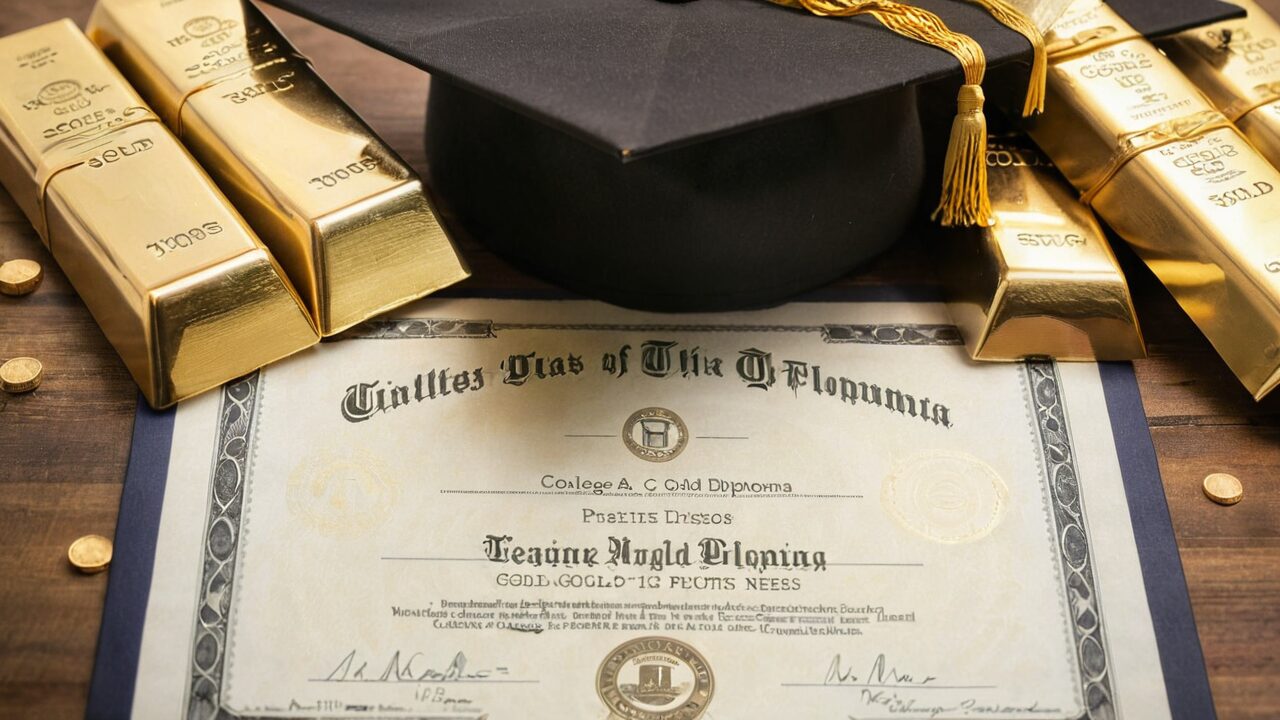 A graduation cap rests on a diploma surrounded by gold bars and coins, symbolizing the value of education.