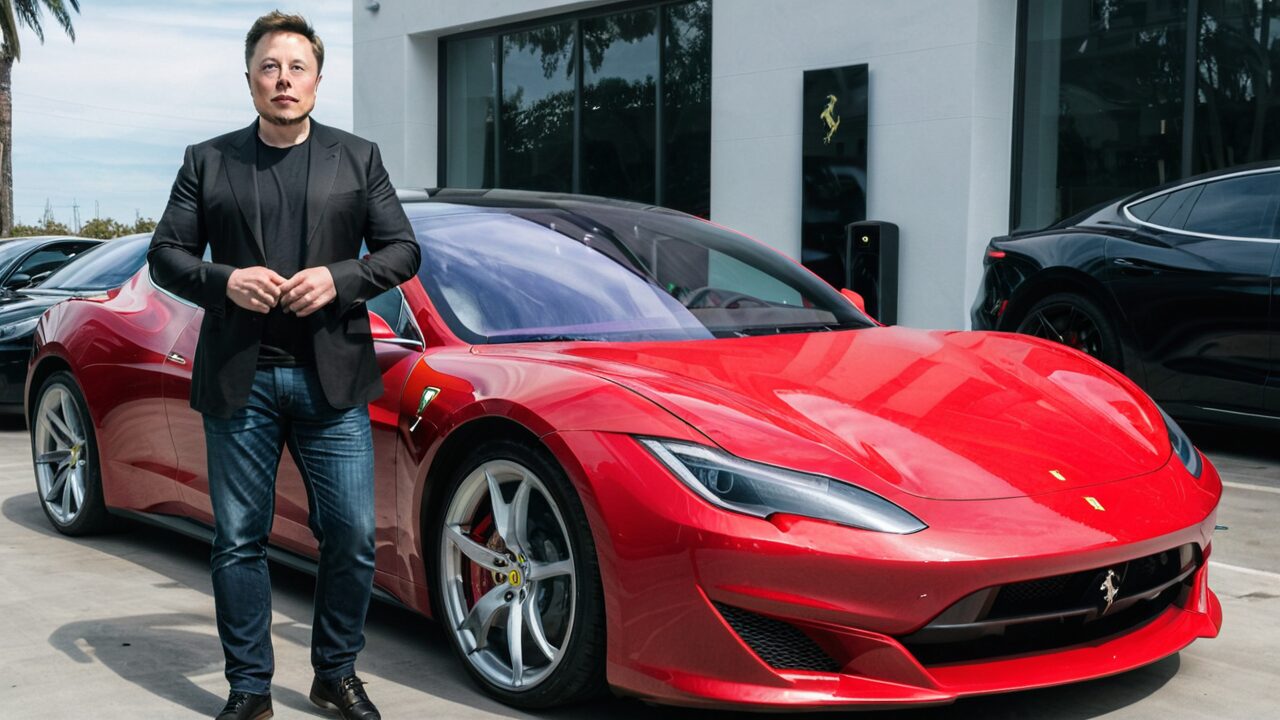 A man in a black jacket and jeans stands next to a red sports car parked in front of a modern building.