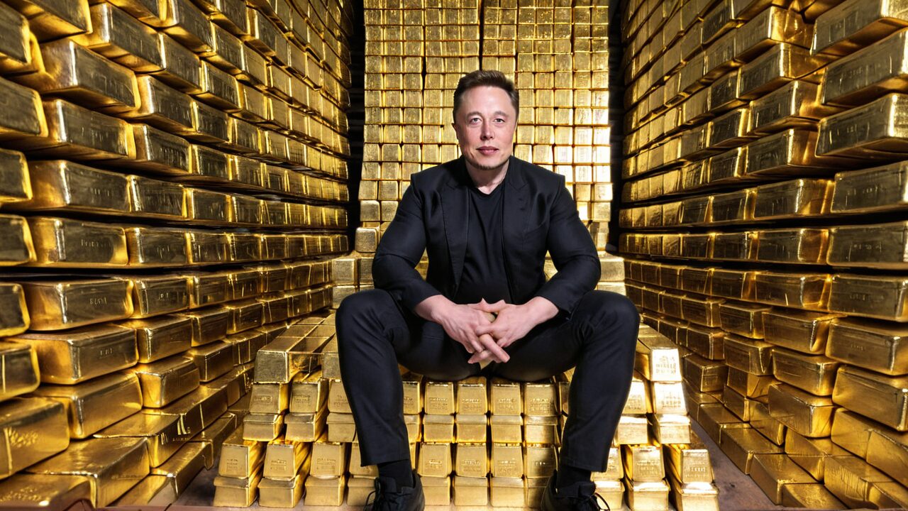 A person in a black suit sits on stacked gold bars, surrounded by walls of gold bars.