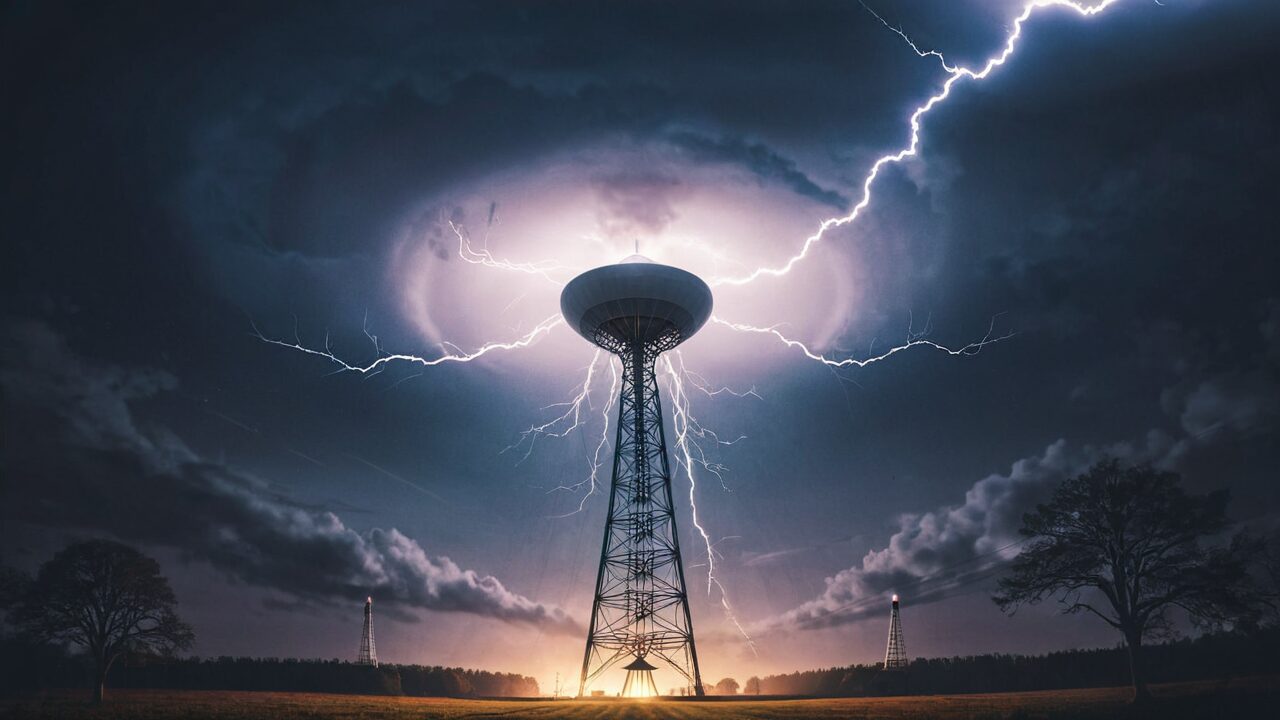 A tall tower is struck by multiple lightning bolts under a dark, cloudy sky with trees in the background.