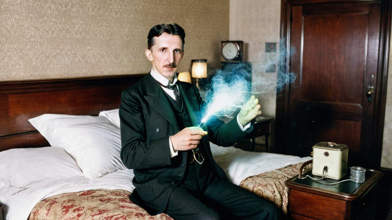 Nikola Tesla a suit sits on a bed in a room, holding a glowing, sparking object. There is a machine on the bedside table.