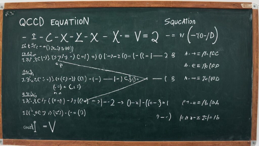 A blackboard filled with mathematical equations and symbols related to "QCCD Equation" and "Squation." Various calculations are present, displaying intricate algebraic expressions.