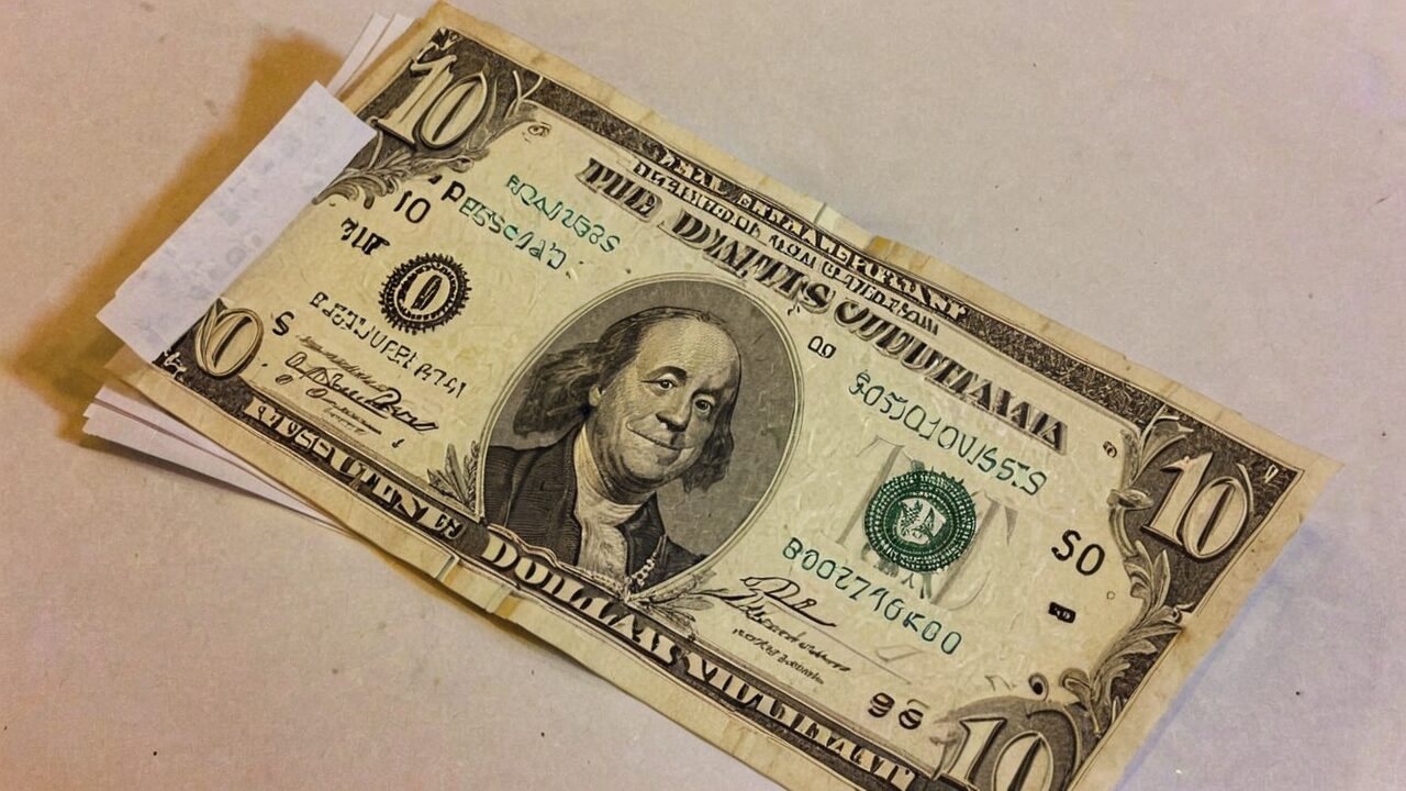 A stack of U.S. ten-dollar bills, with Benjamin Franklin's portrait, displayed on a flat surface.