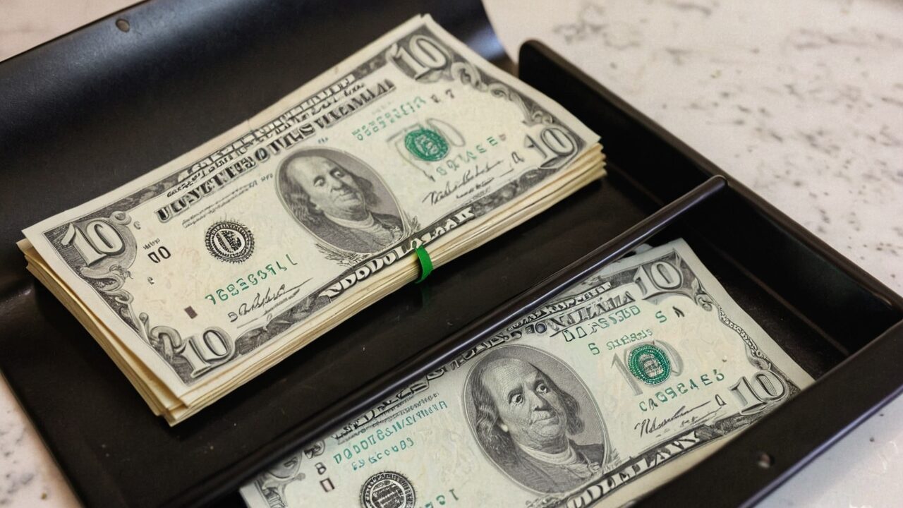 A black cash box containing a stack of ten-dollar bills, secured with a green rubber band, and a single ten-dollar bill on top of the stack.