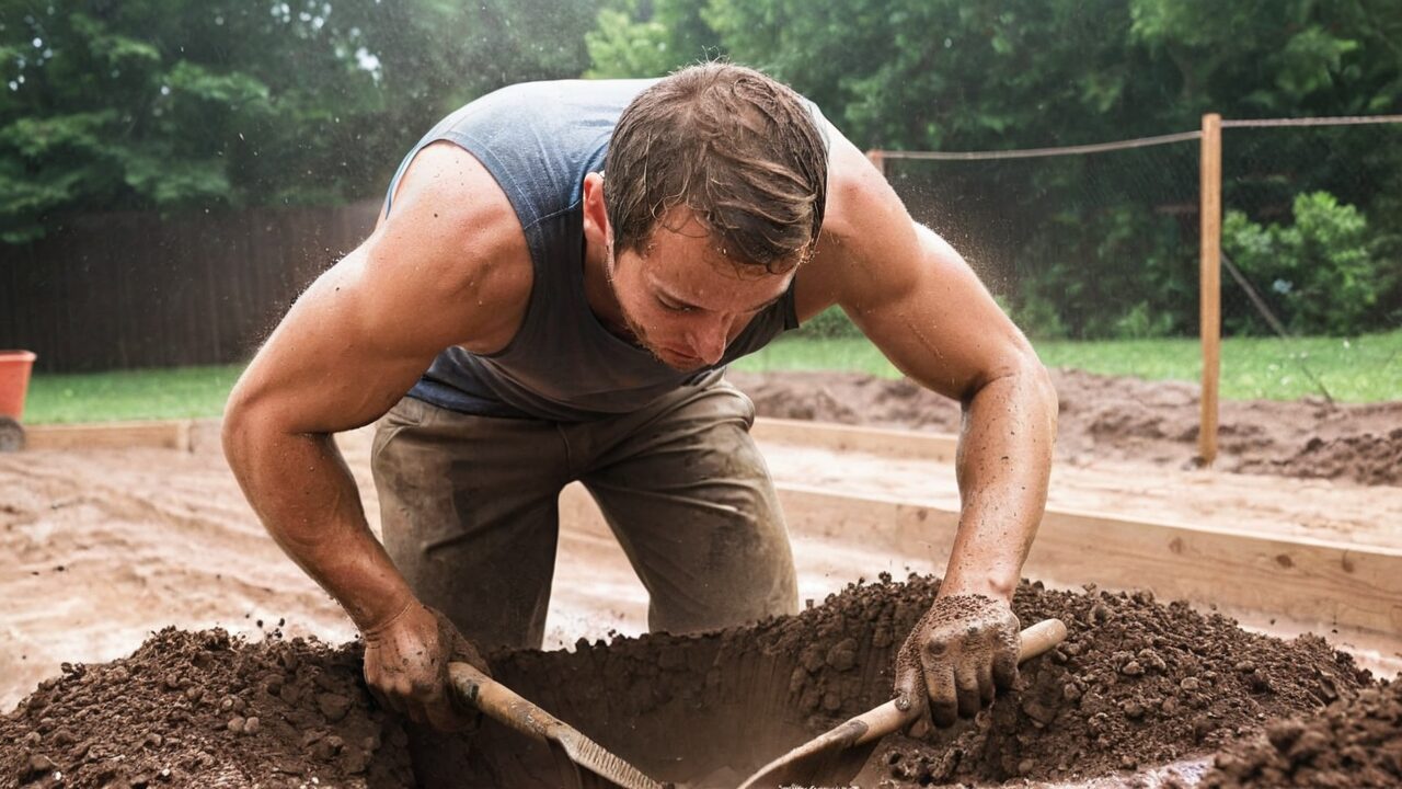 A man in a sleeveless shirt and jeans works with a shovel, focusing on digging in the dirt in a garden or construction site. Trees and fencing are visible in the background.