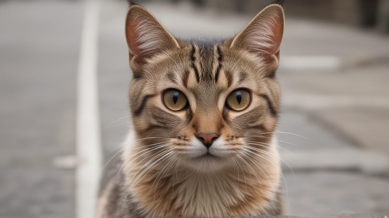 Close-up of a tabby cat with green eyes sitting on a street, looking directly at the camera—the perfect embodiment of calm before a showdown.