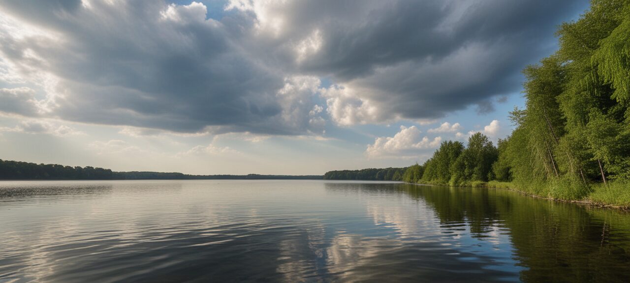 A calm lake with a cloudy sky and green trees lining the shore mirrors nature's harmony, much like the seamless integration of AUTOMATIC1111 into ComfyUI, reflecting pure tranquility in its design.