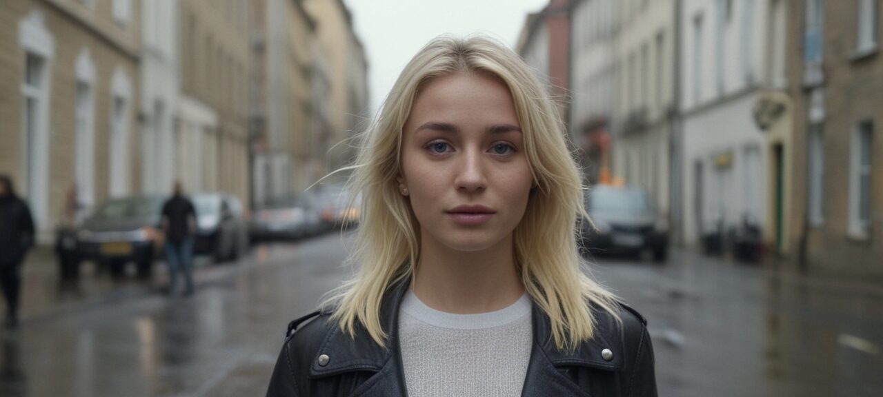 A person with long blond hair wearing a black jacket stands in the middle of a wet street lined with buildings and cars.