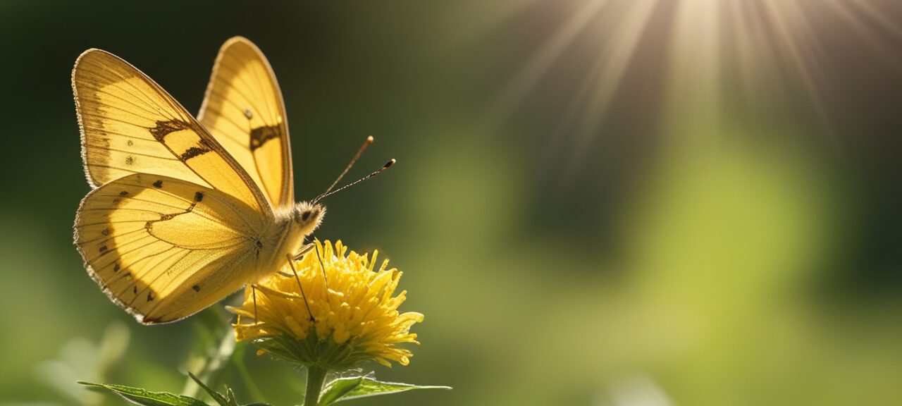 A yellow butterfly rests on a yellow flower in sunlight, with a blurred green background.