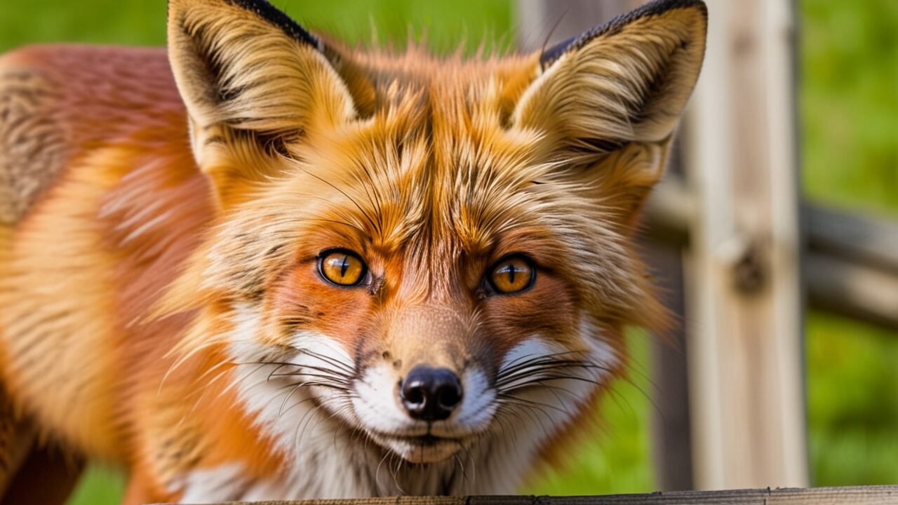 Close-up of a red fox with bright orange fur and striking eyes, standing against a blurred outdoor background.