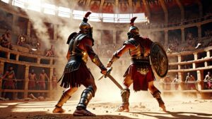 Two armored gladiators face off with swords in an ancient arena, surrounded by spectators. Dust and sunlight filter through the open roof.