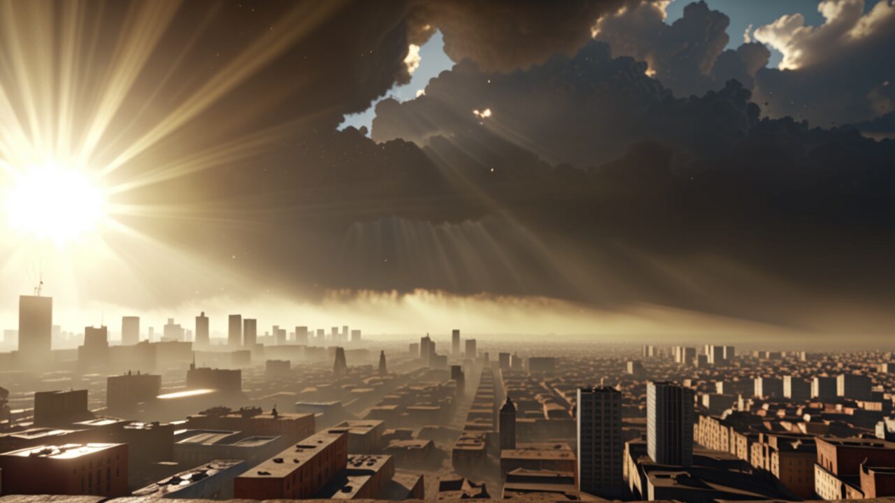 As the city skyline glows at sunset, with sun rays piercing through dramatic clouds and casting long shadows over the buildings, it feels like a visual showdown—much like AUTOMATIC1111 vs ComfyUI in their own domain.