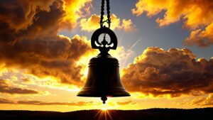 Silhouetted bell hanging against a dramatic sunset sky, like the vibrant clash of colors in The Showdown! AUTOMATIC1111 vs ComfyUI, with clouds and rays of sunlight peeking through.