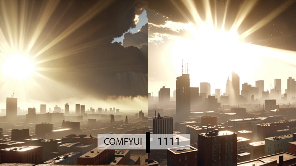 A split image of a city skyline at sunrise captures "The Showdown! AUTOMATIC1111 vs ComfyUI" with the left side in shadows and the right bathed in light, labeled "COMFYUI" and "1111.