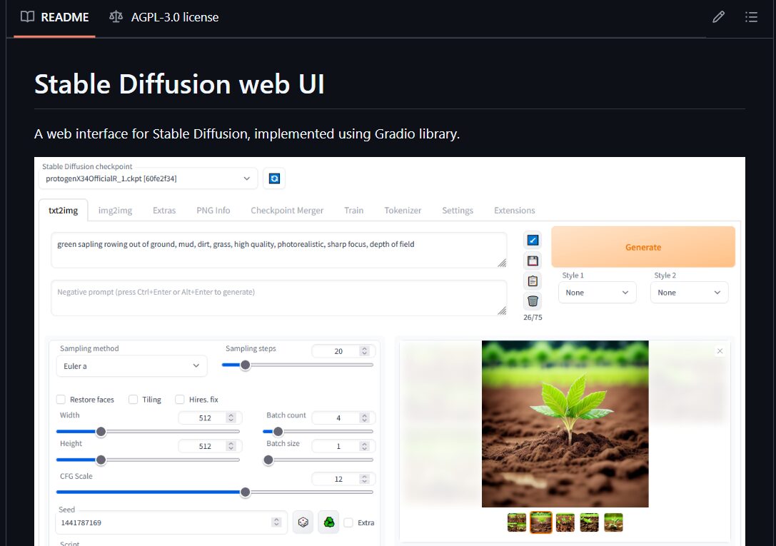 Screenshot of the Stable Diffusion web UI interface showing options for image generation and a preview of a seedling on soil.